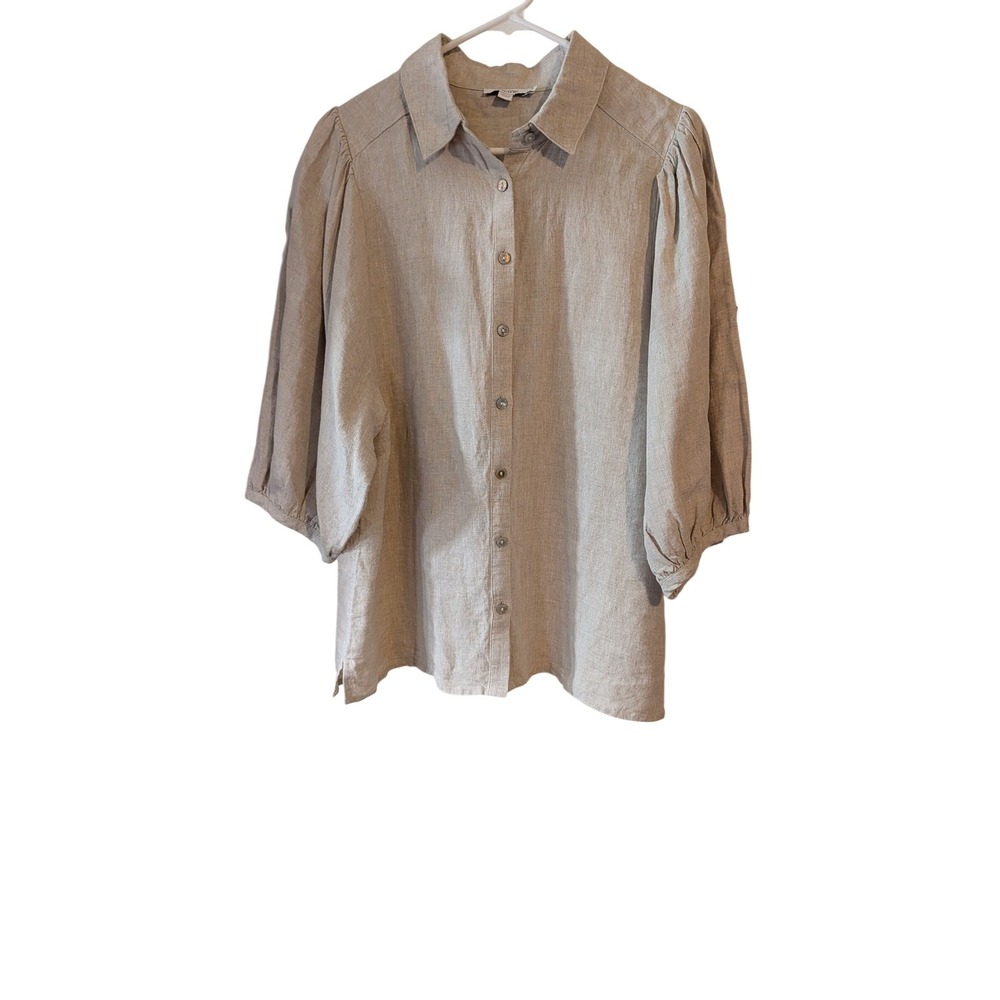 Chicos 1.5 Linen Puff Sleeve Button Up Blouse Beige Oatmeal Size 10 L